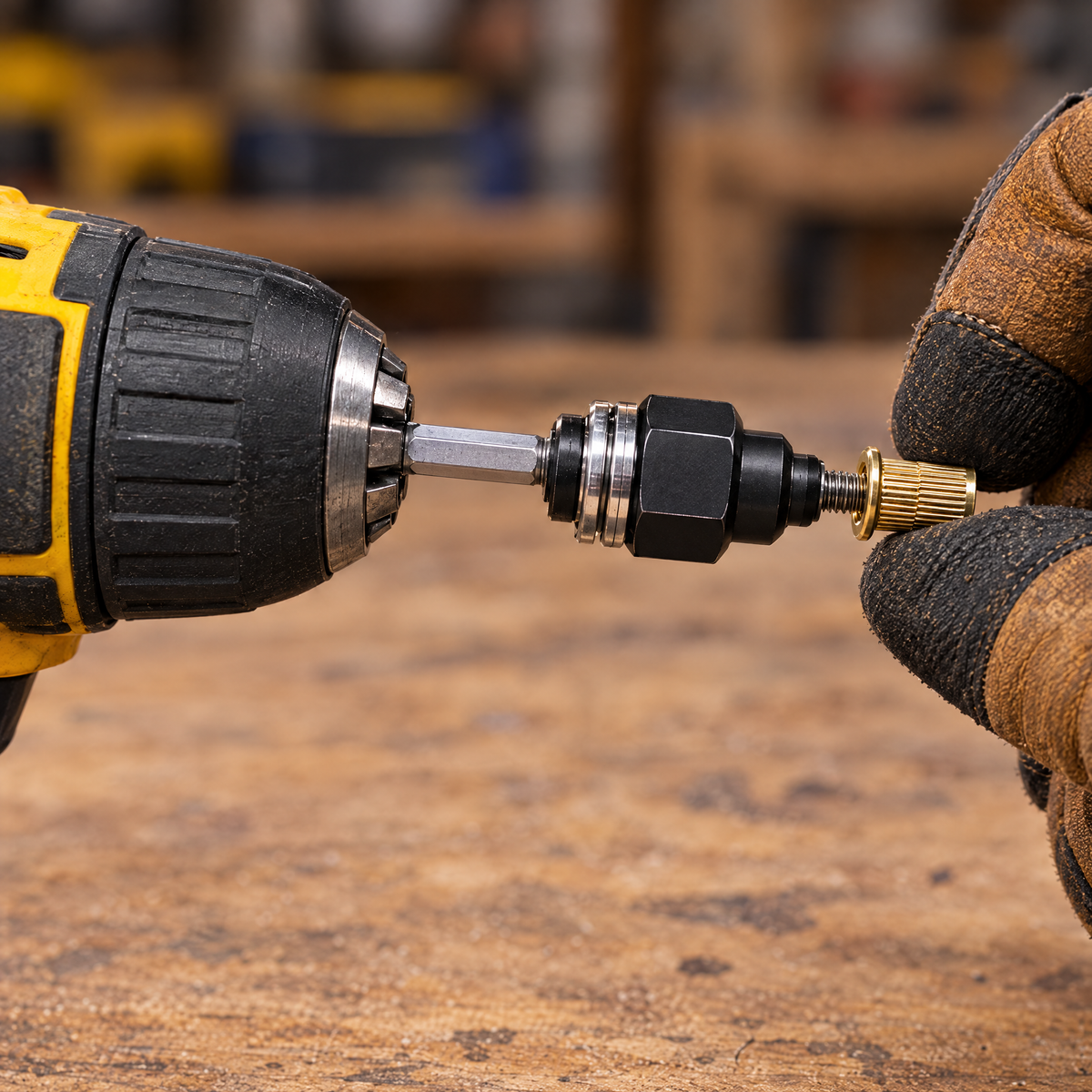 Gloved fingers threading a brass M3 rivet nut onto the tip of the ThreadSet adapter, which is already clamped by its silver shank in a cordless drill chuck on a workbench